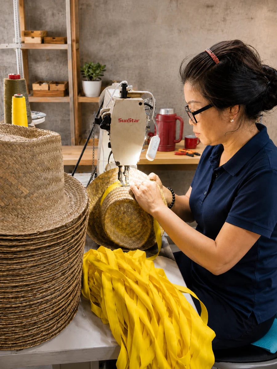 Worker sewing natural straw hats at CHATA Vietnam factory