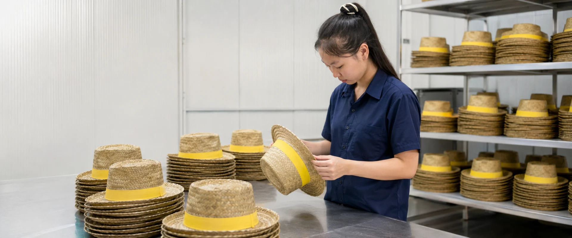 Quality inspector checking custom straw hats at CHATA, a Vietnam straw hat manufacturer