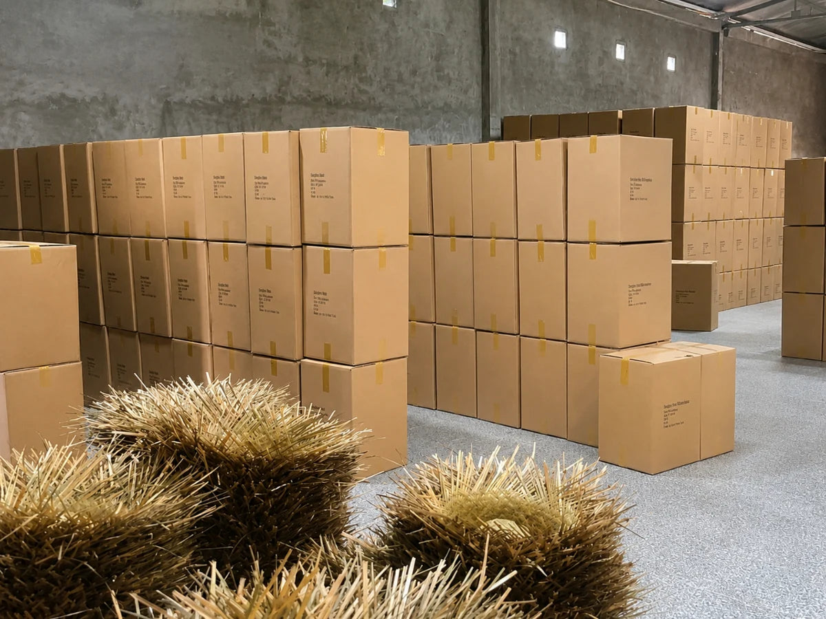 Packed export cartons at CHATA, a Vietnam straw hat manufacturer supplying custom and wholesale straw hats.