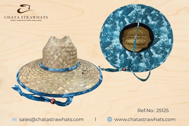 Natural lifeguard straw hat with blue tie-dye brim and chin cord – Ref. 25125