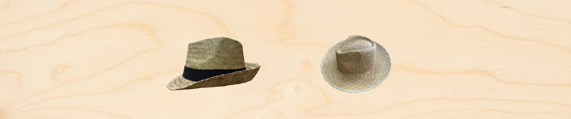 Straw hat factory contact banner with green grass and blue sky background