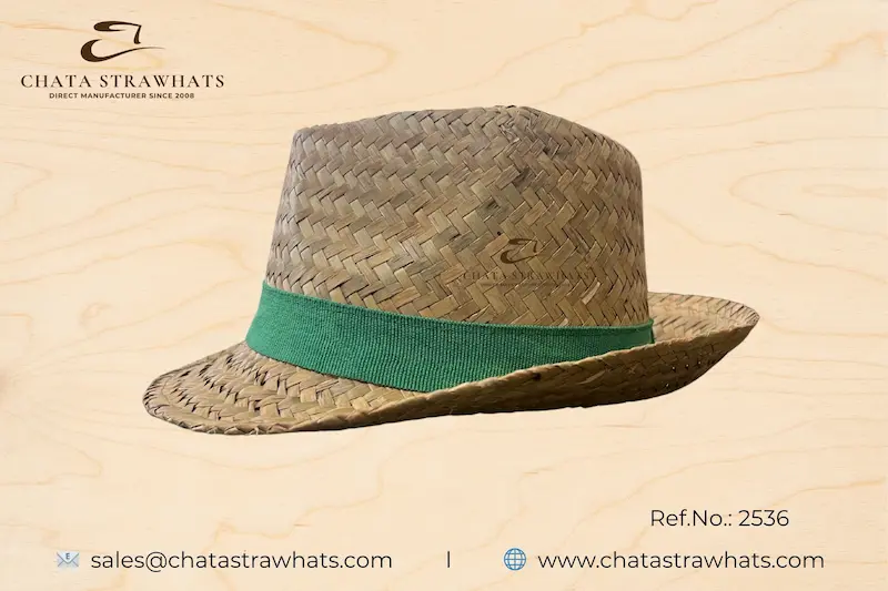 Handwoven fedora straw hat with green grosgrain ribbon, made from natural Vietnamese seagrass