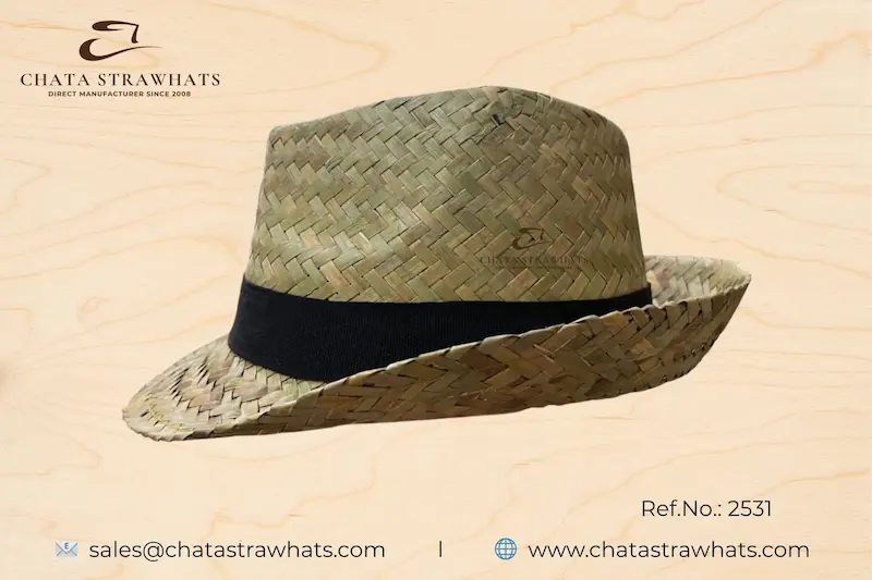 Fedora straw hat with wide black ribbon – handcrafted from natural seagrass, Ref. No. 2531