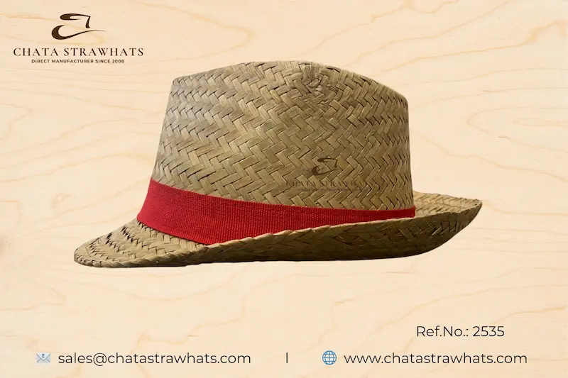 Fedora straw hat made from natural seagrass, featuring a striking red grosgrain ribbon, Ref.2535