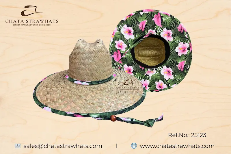Floral brim lifeguard straw hat made from natural seagrass – Ref. 25123