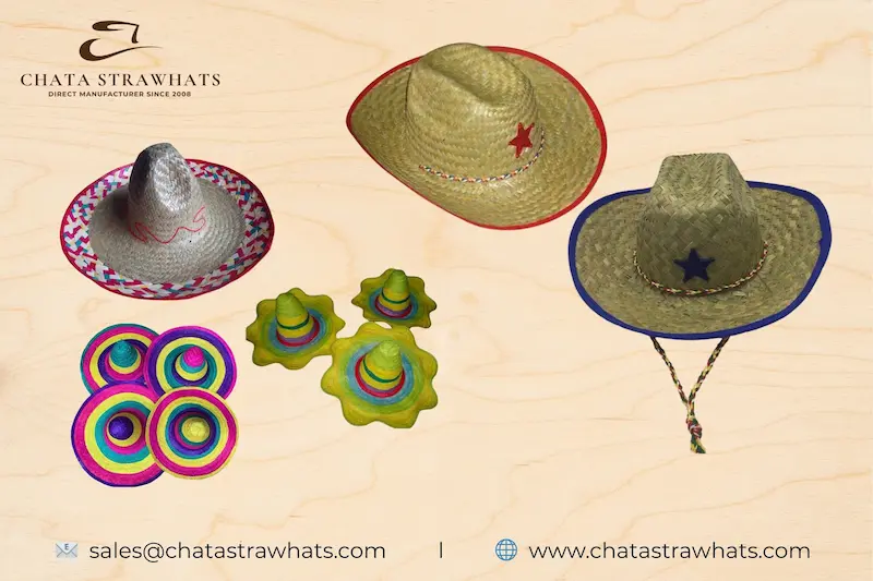 Kids and Mexican straw hats in vibrant colors and festive designs
