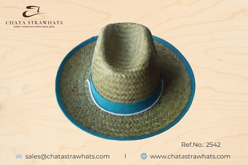 Kids’ seagrass straw hat with blue ribbon and trim