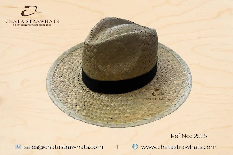 Panama straw hat with black grosgrain ribbon, handwoven from seagrass